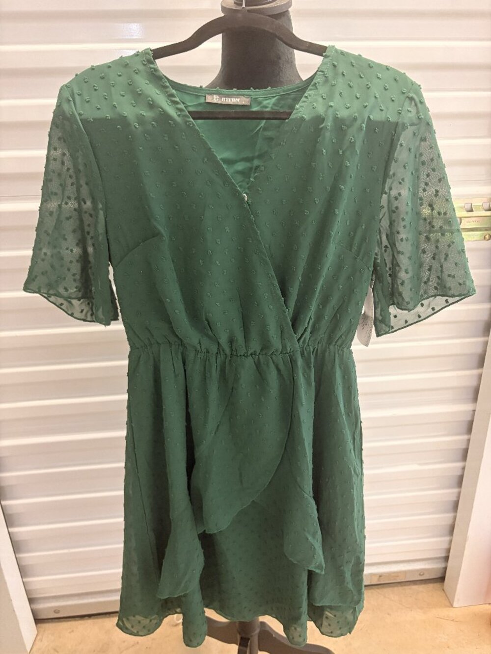 Women's Small dark green flowy dress with sheer polka dot sleeves